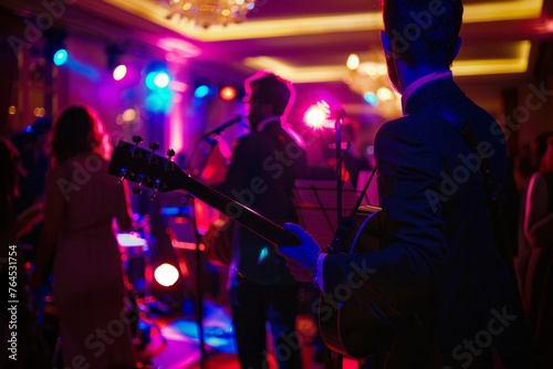 Musicians performing live music to entertain guests and raise funds for charity at a gala event, creating a vibrant and energetic atmosphere, Generative AI