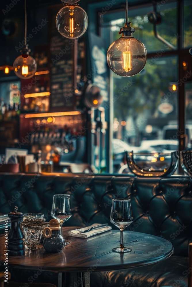 Table with wine glasses in a restaurant, suitable for food and beverage concepts