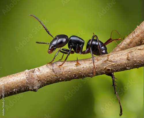 Macro photograph capturing an ant on a tree limb transporting a captured millipede, within the lush wilderness of Indonesia. © Noor