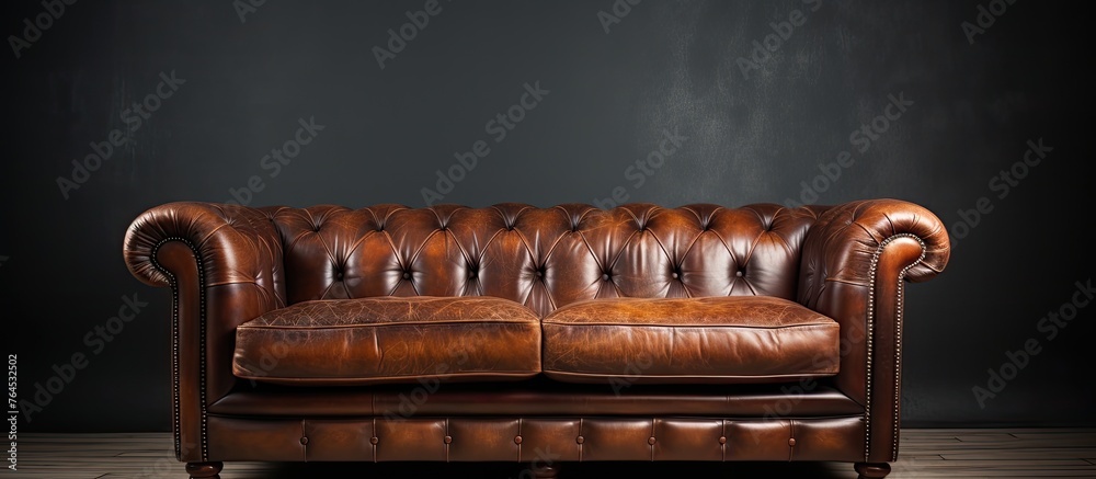 Fototapeta premium A classic brown leather chesterfield sofa set against a sleek black wall, creating a stylish and elegant living room decor