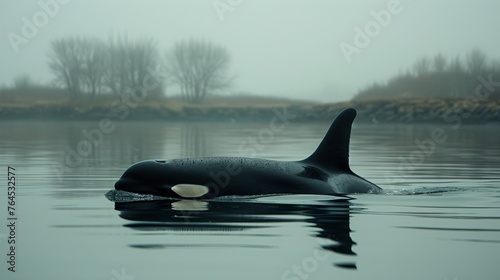  Black and white orca swimming in water, foggy day, trees
