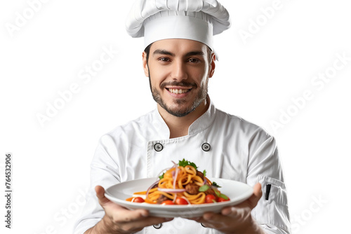 Enthusiastic chef holding a steaming plate of delicious food, isolated on transparent background, png file