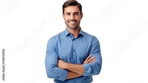 Handsome smiling business man in blue shirt  isolated on transparent and white background.PNG image.	