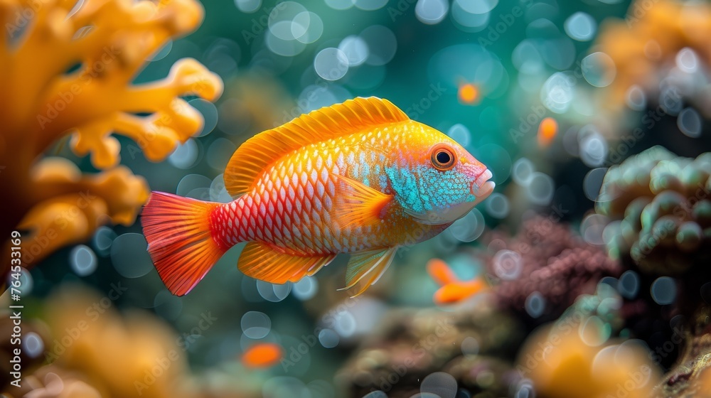 Fototapeta premium A close-up of a fish swimming near vibrant coral reefs, surrounded by clear water in the background