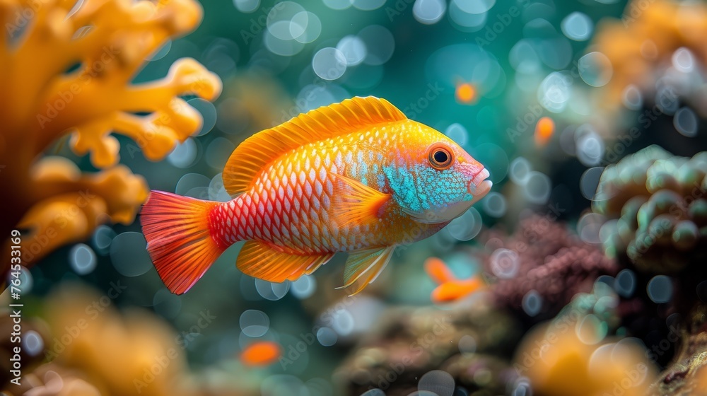  A close-up of a fish swimming near vibrant coral reefs, surrounded by clear water in the background