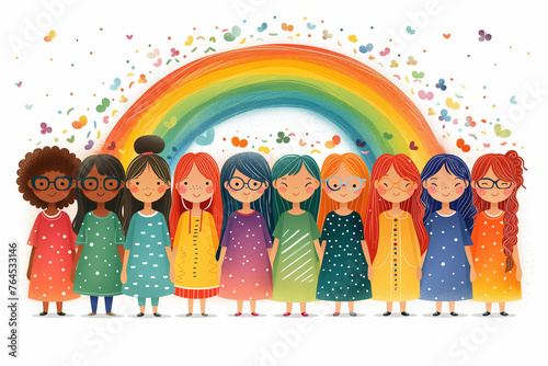 Illustration of diverse girls in colorful dresses standing together under a rainbow with butterflies and confetti, symbolizing unity, joy, and diversity photo