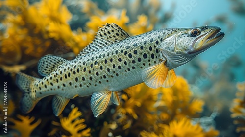  A close-up of a fish in a body of water with yellow flowers in the foreground and a blue sky in the background