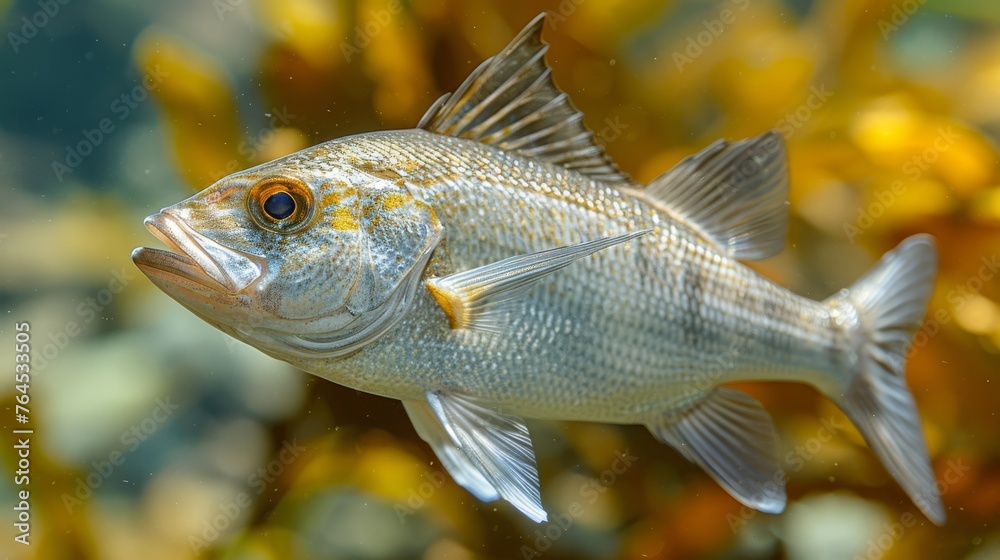 Close-up of a fish in water with vegetation and blue sky in background Close-up of a fish in water with vegetation and blue sky in background