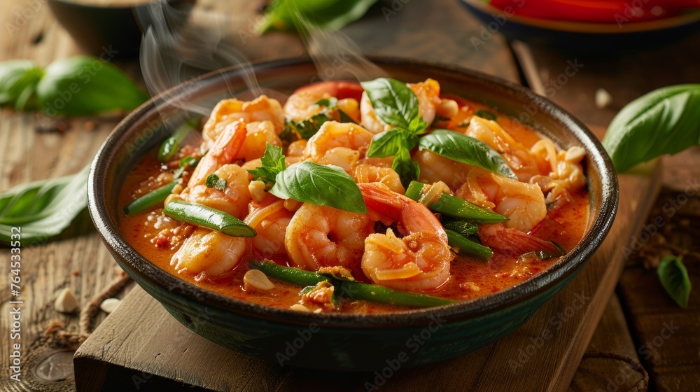 A steaming bowl of red Thai curry with plump shrimp, green beans, and fresh basil leaves on a rustic wooden table