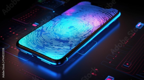 Biometric security network, privacy data protection. Woman fingerprint identification on mobile phone to access personal financial data, mobile banking app