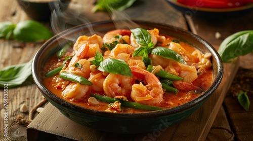 A steaming bowl of red Thai curry with plump shrimp, green beans, and fresh basil leaves on a rustic wooden table