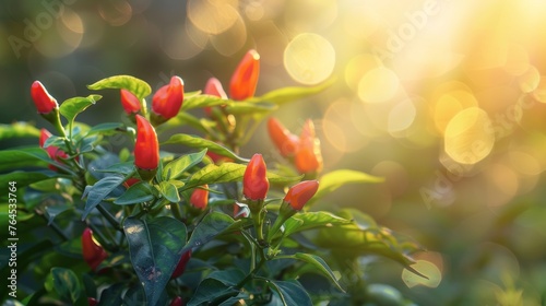 A vibrant image of chili peppers growing in abundance on a healthy plant in a lush green garden