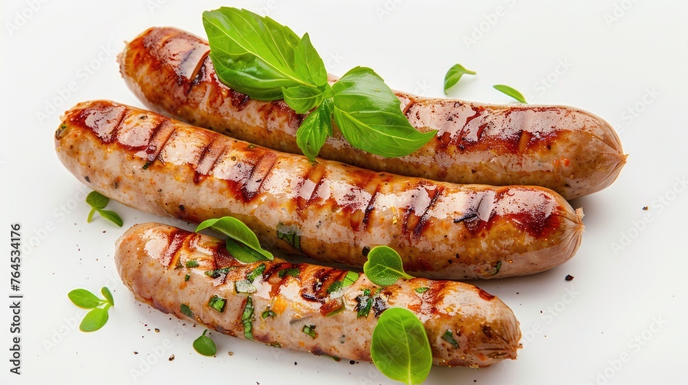 Three grilled sausages with herbs, perfect for food concept designs Three grilled sausages with herbs, perfect for food concept designs