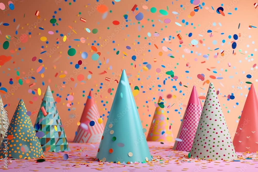 Obraz premium Party Hats and Confetti Depicting party hats in various colors and patterns with confetti scattered around