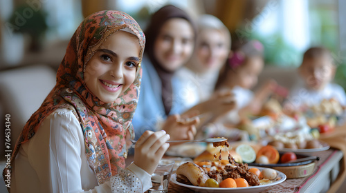 Muslim family eating food, Islamic Festival, Eid Ul Fitr, Eid Al Adah, Ramadan Kareem, world religious day, Generative Ai