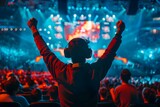 Vibrant Esports Arena: Fans Cheering, LED Lights, Players Competing on Stage. Concept Esports, Arena, Fans, LED Lights, Players