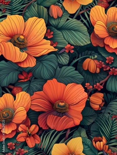 Design a layered floral pattern with flowers in the foreground and foliage in the background © kamonrat