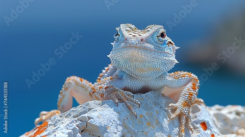  A close-up lizard on a rock, with a blue sky, water in the foreground - optimized