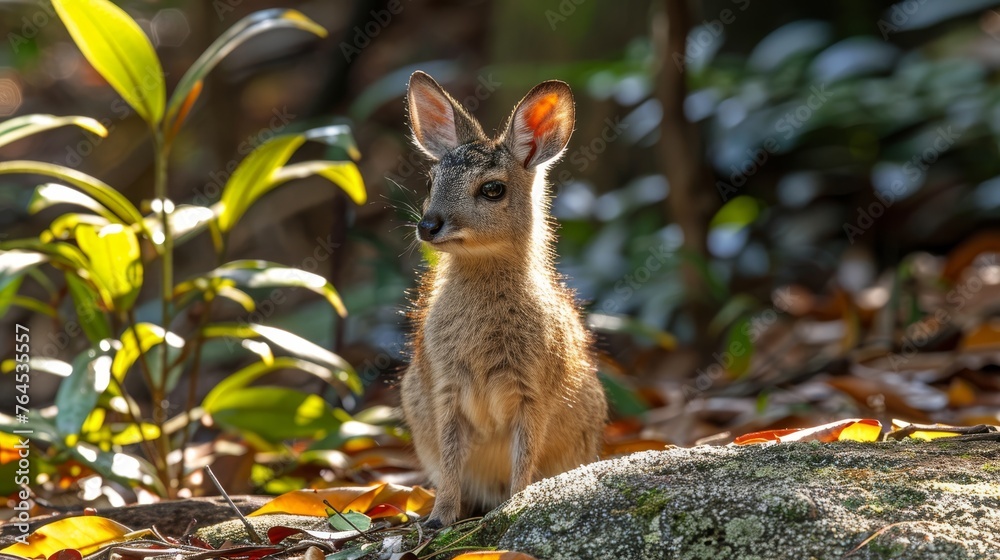 Obraz premium A close-up image of a tiny animal amidst a sea of green grass, dirt, trees, and bushes