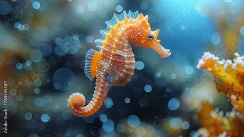  A sea horse in close-up on a coral, surrounded by blue water and small bubbles, with a blurred background