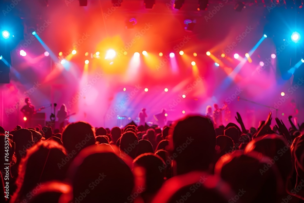 Energetic Atmosphere at a Music Festival with Vibrant Crowd and Illuminated Stage. Concept Music Festival, Energetic Atmosphere, Vibrant Crowd, Illuminated Stage, Live Performances