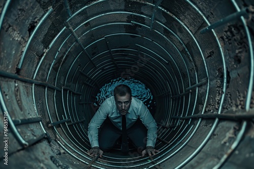 A man wearing a white shirt and tie is captured inside a metal pipe. Suitable for industrial, business, and confinement concepts