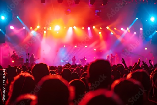 Energetic Atmosphere at a Music Festival with Vibrant Crowd and Illuminated Stage. Concept Music Festival, Energetic Atmosphere, Vibrant Crowd, Illuminated Stage, Live Performances