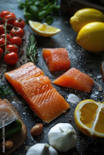 Fresh salmon, lemons, garlic, and tomatoes on a table. Ideal for cooking or food concept
