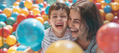 Happy child and mother enjoying fun time in ball pit at kids' birthday party