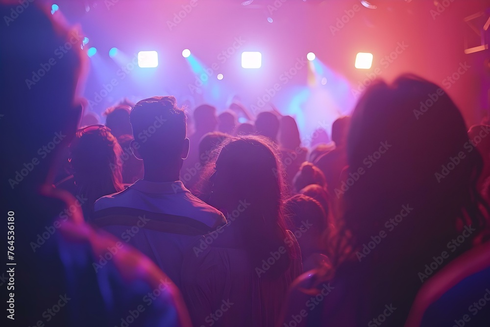 Energetic Atmosphere: Vibrant Crowd at a Music Festival with Illuminated Stage. Concept Music Festival, Vibrant Crowd, Illuminated Stage, Energetic Atmosphere