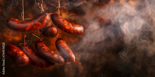  Smoked Chorizo Sausage hanging from strings in a smoker