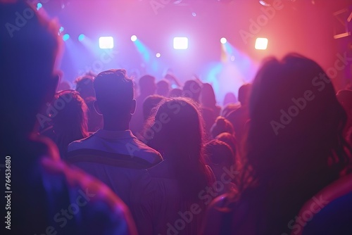 Energetic Atmosphere  Vibrant Crowd at a Music Festival with Illuminated Stage. Concept Music Festival  Vibrant Crowd  Illuminated Stage  Energetic Atmosphere
