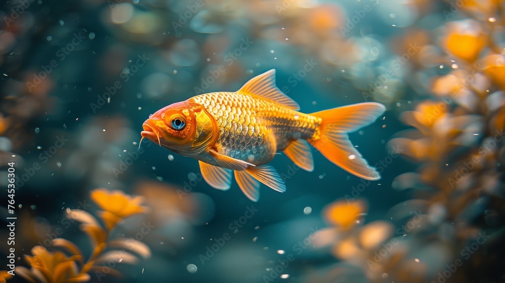  Goldfish close-up in aquarium with yellow flowers and blue water