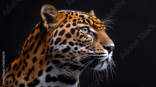  A detailed image of a leopard's face, set against a dark backdrop, displaying just the head of the animal