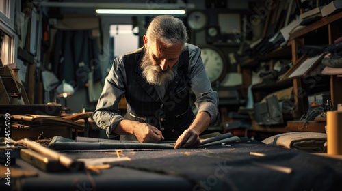 A man working on a piece of cloth. Suitable for textile or sewing related projects