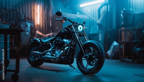 A black motorcycle with sleek automotive design sits in a dimly lit garage with its tires, wheels, and rims barely visible in the shadows