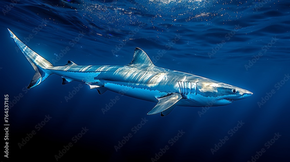  A Great White Shark glides beneath the water's surface, its mouth agape in front of the lens - obrazy, fototapety, plakaty 