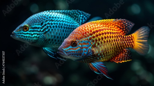  A pair of vibrant fish swimming alongside each other over the azure and turquoise ocean filled with water