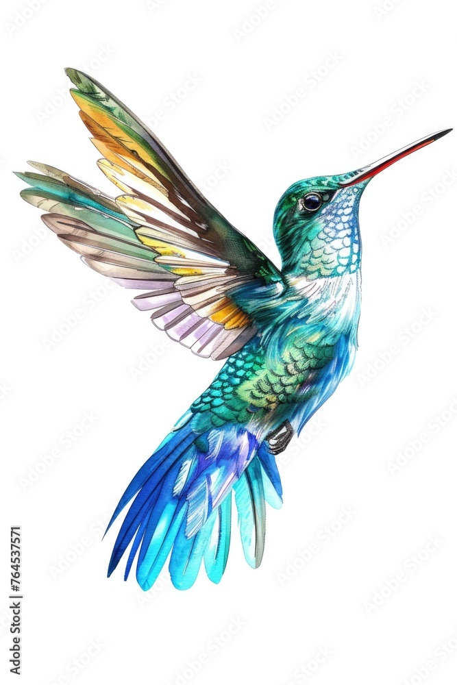 Obraz premium A vibrant hummingbird captured mid-flight. Ideal for nature and wildlife concepts