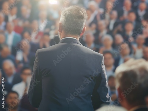 A man addressing a crowd from a stage perspective with a blurred audience.