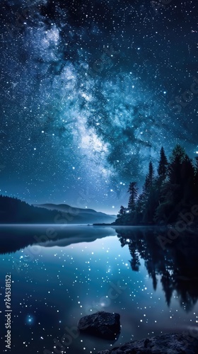 Galactic Sky Over Reflective Mountain Lake © banthita166