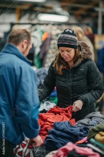 Volunteers organizing a clothing drive and distributing warm clothes to families in need at a charity event  providing comfort and support  Generative AI