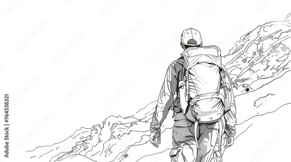 Obraz premium A man with a backpack walking up a hill. Perfect for outdoor and adventure themed designs