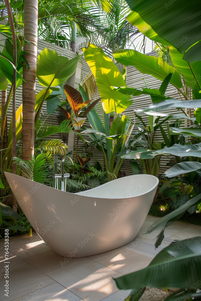 Luxurious villa bathroom with modern outdoor bathtub and exotic green plants in bali, indonesia Luxurious villa bathroom with modern outdoor bathtub and exotic green plants in bali, indonesia