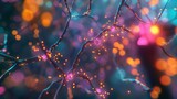 Abstract representation of neurons and synapses in the human brain with vibrant colors and bokeh effect.