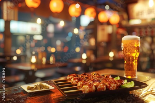Japanese pub Scene with Yakitori Skewers an Japanese pub scene with plates of grilled yakitori skewers photo