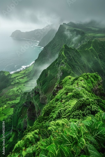 A scenic view of a lush green mountain with a body of water in the distance. Perfect for travel and nature-themed projects