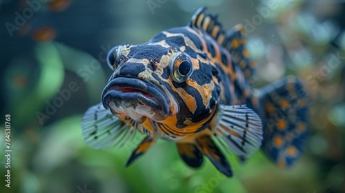  A black and orange fish with yellow spots on its face, in close-up against a green plant backdrop