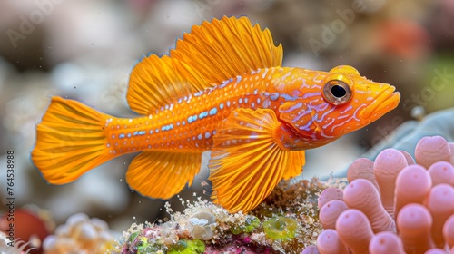  A yellow fish sits on a coral with an orange-white sea anemone nearby