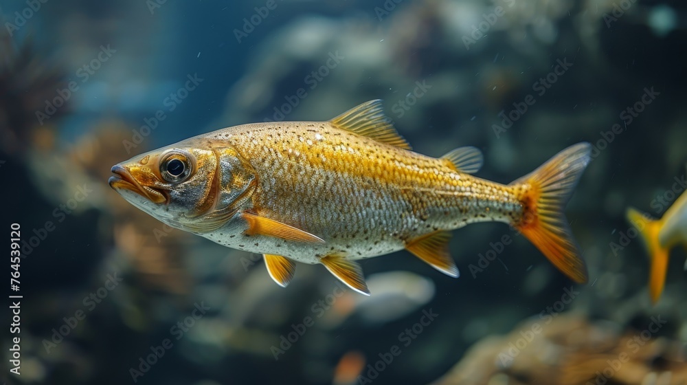  A tight shot of a single fish among several others in an aquarium
